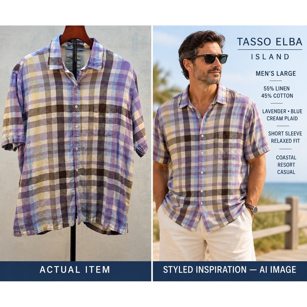 Tasso Elba Island Men's L Plaid Camp Shirt Linen Cotton Blend Purple ShortSleeve